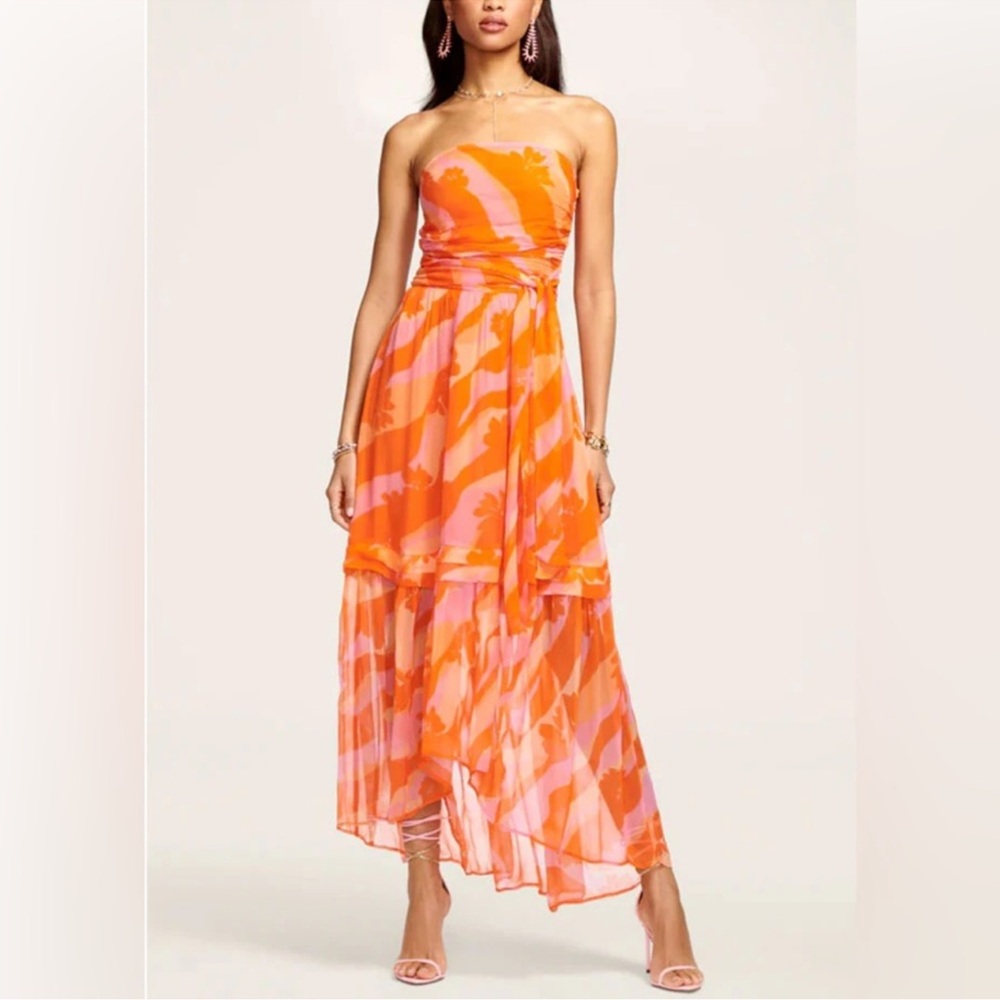 Ramy Brook Bernadette Dress - Orange and Pink Strapless Tiered Maxi Dress